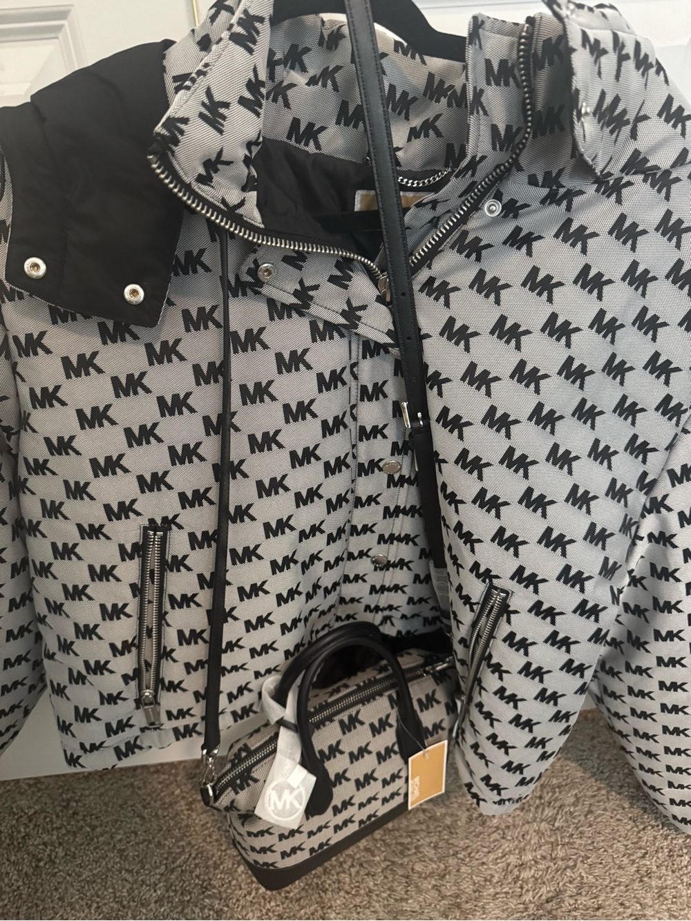 Michael Kors Black and White MK Logo winter coat with hood and matching crossbod